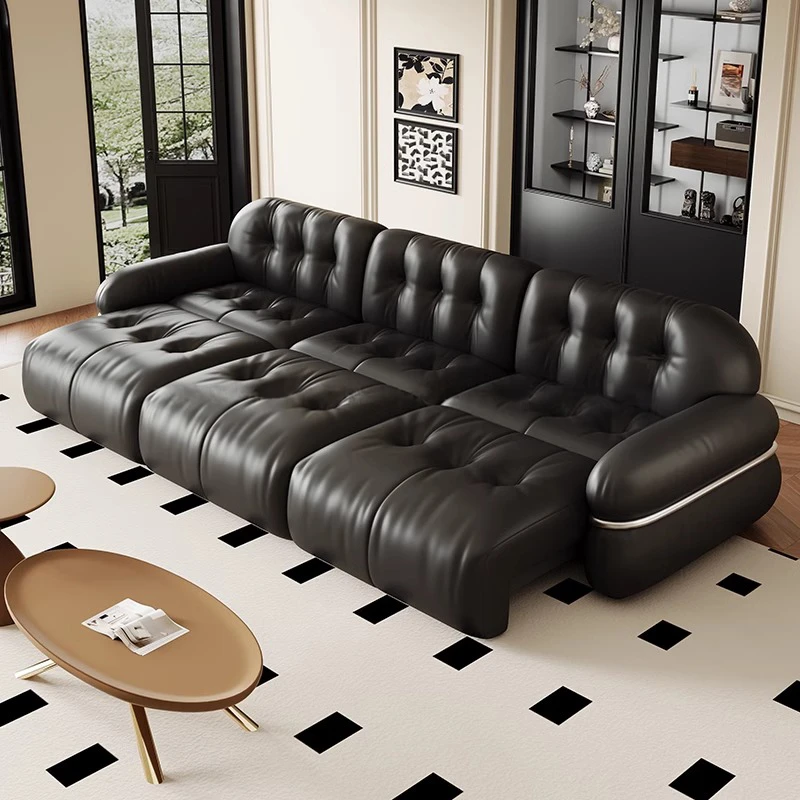 电动黑糖云朵沙发真皮意式极简客厅零靠墙黑色伸缩功能沙发床