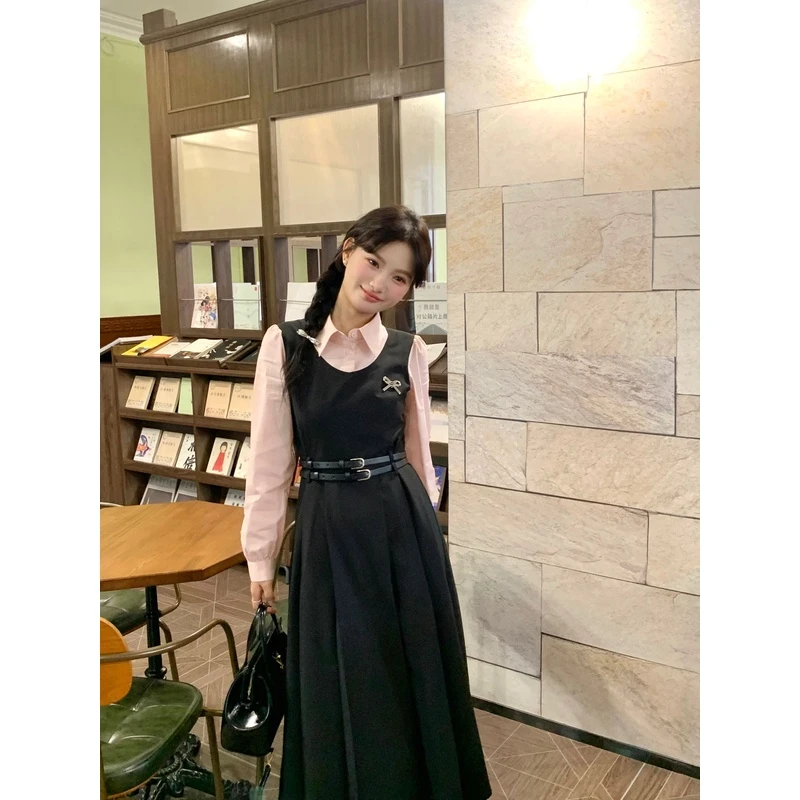 瞌睡兔【秋日晚风】少女感假两件拼接绑带初秋宽松显瘦休闲连衣裙