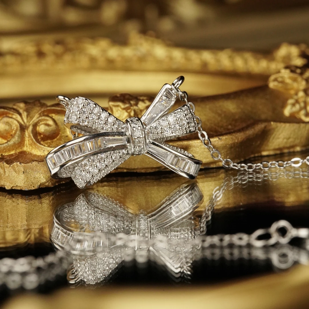 铜合金项链 LeLe 项链银色蝴蝶结复古满钻（主链+延长：40+4cm）2062