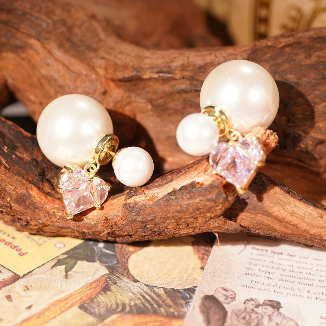 铜合金耳饰 LeLe 耳钉 粉色心形少女大小高亮珠百搭时尚  9589