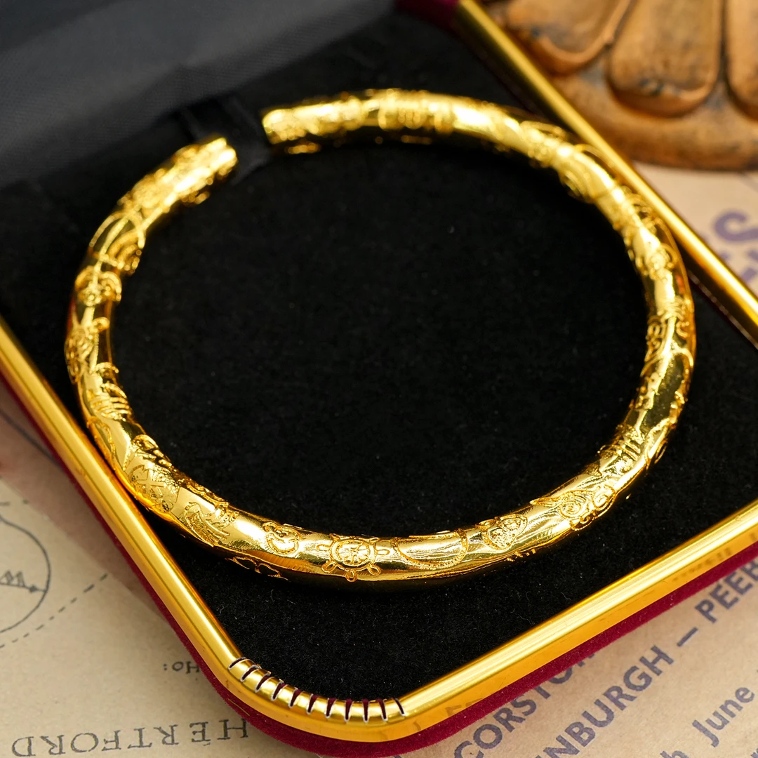 铜合金手链 LeLe 手镯 【可开口】古法重工雕刻金色实心小众 4434