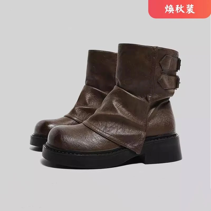 美拉德短靴女2024新款春秋厚底棕色裤管靴骑士真皮牛仔马丁靴