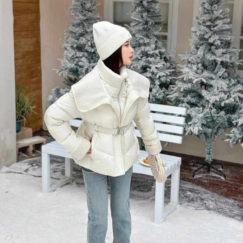 欧洲站海军领卡扣腰带保暖棉服女秋冬2025新款手塞棉加厚显瘦外套