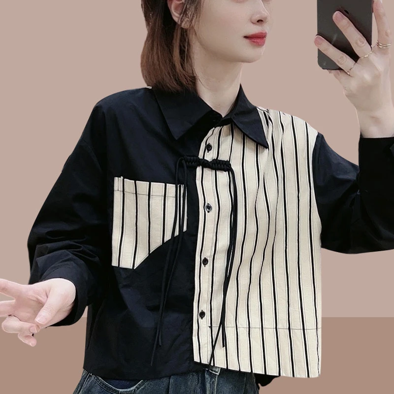 宽松长袖衬衫女装上衣2025春秋季新款设计感小众条纹盘扣衬衣外穿