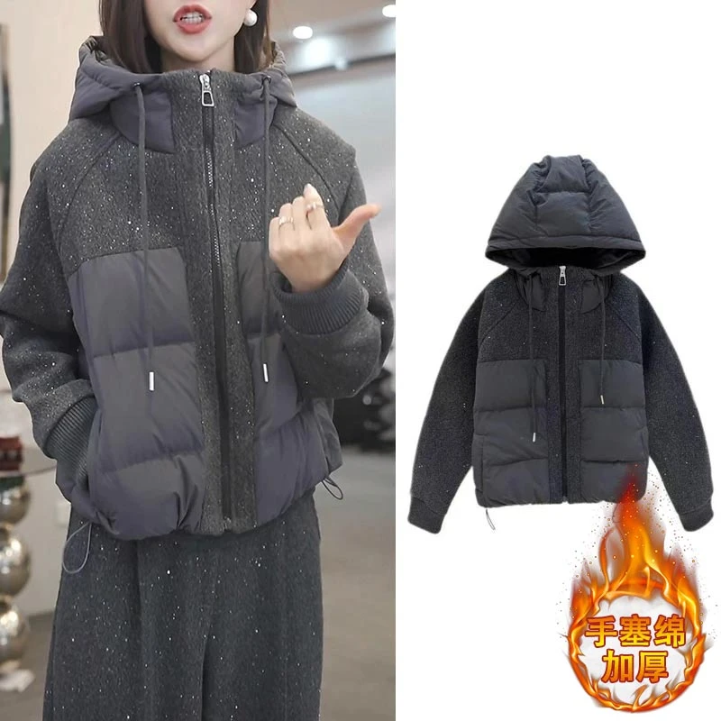 韩版时尚保暖拼接棉服女秋冬2025新款高级感纯色百搭加厚保暖外套