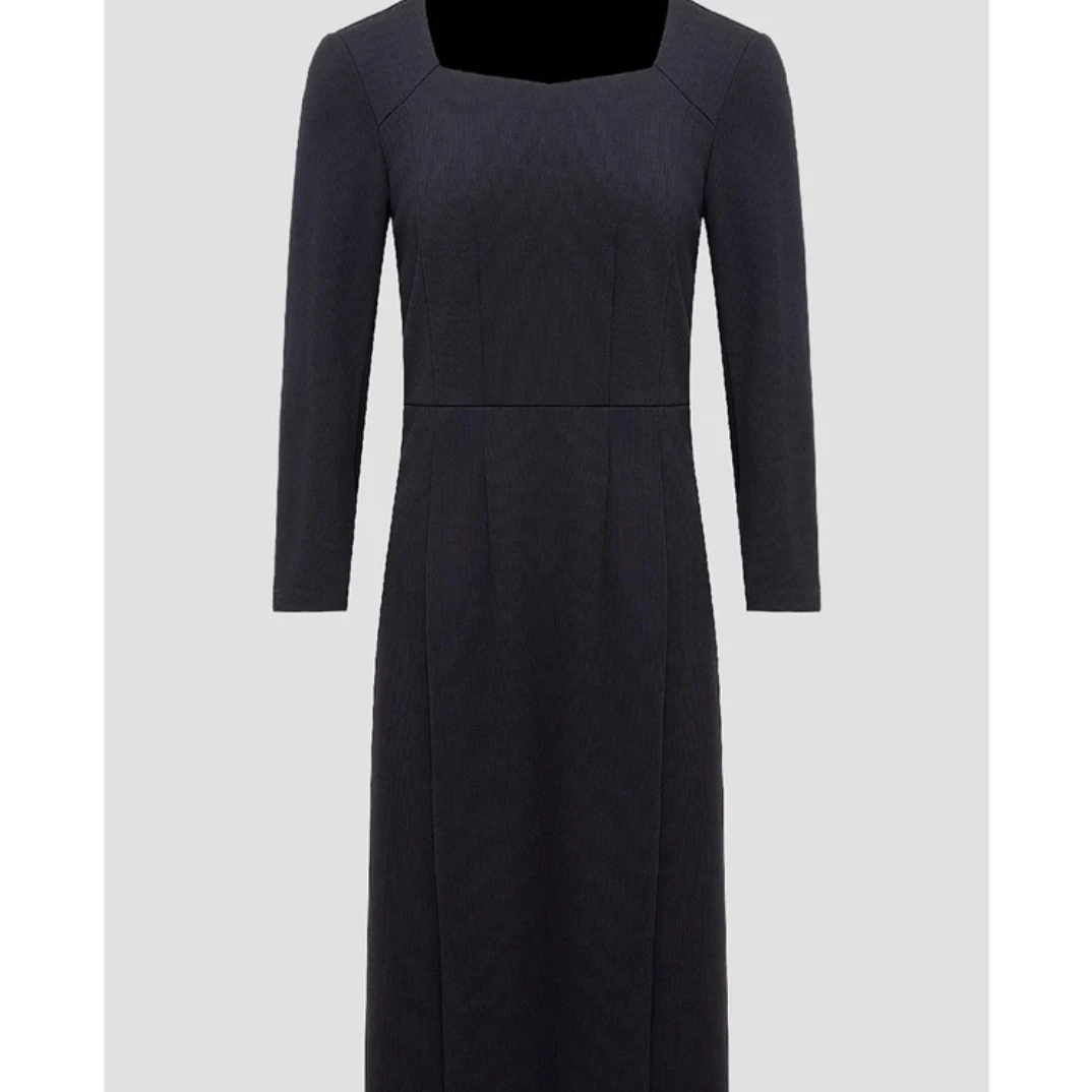 YUNSHUO允硕2024秋季新品气质方领长裙黑色显瘦简约连衣裙569396