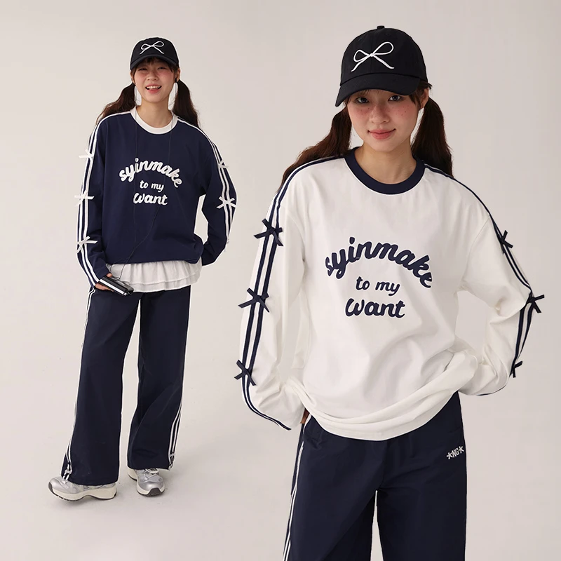 初中生春季韩风蝴蝶结圆领拼色印花长袖T恤C24CT0070C