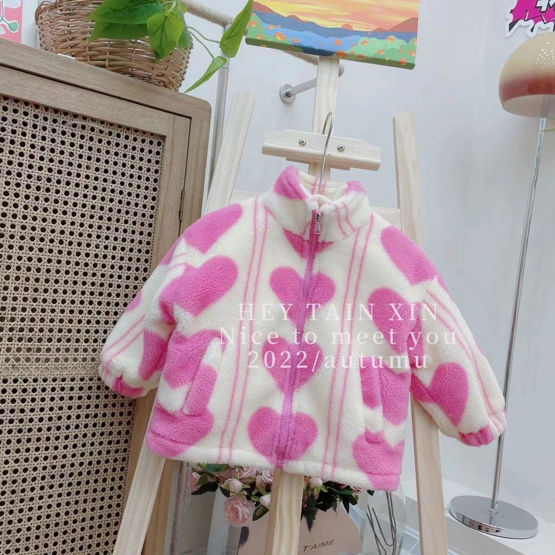 C016-爱心桃毛时尚毛衣大童保暖儿童羊羔绒冬季女童甜美加绒加厚