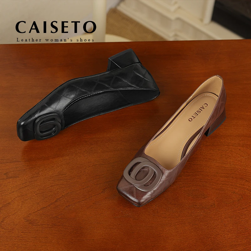 头层牛皮/3.5cm新款时尚方头百搭扣件低跟单鞋舒适真皮女鞋D617