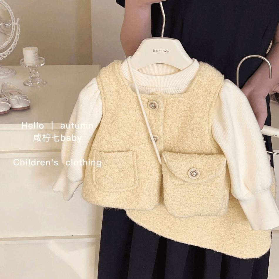 女童秋冬套装洋气小香风韩版新款女宝宝甜美毛呢加绒马甲半裙套装