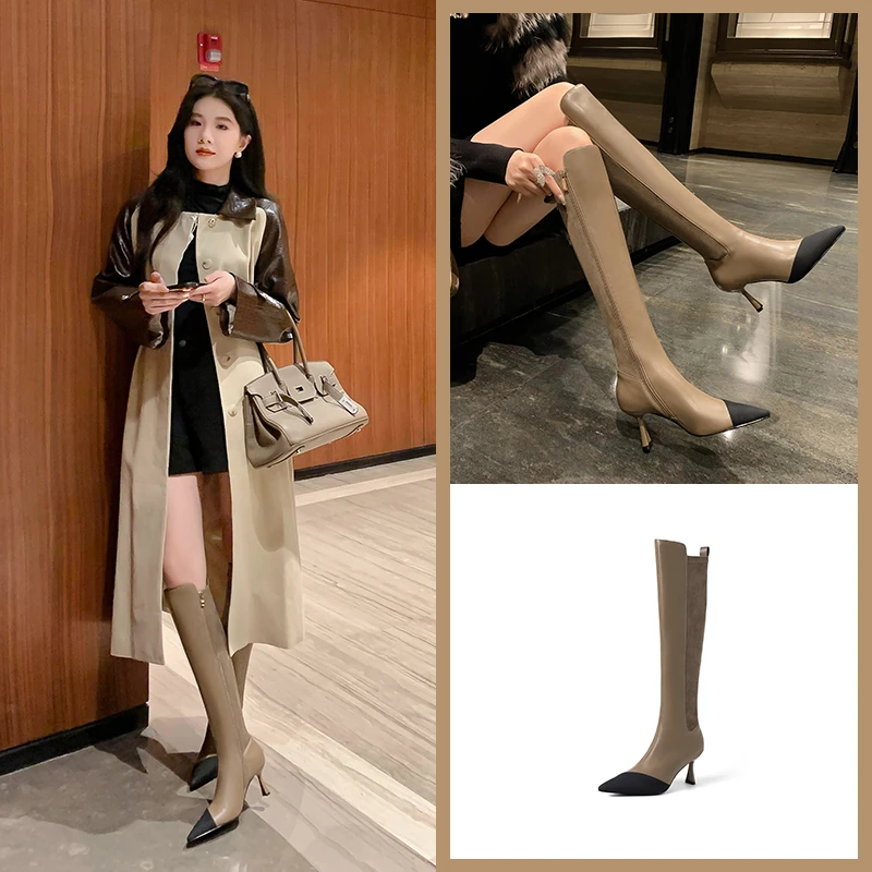 Van Gerch【跟高7CM】靴子2023年秋季韩版细跟拼接纯色时装靴高筒