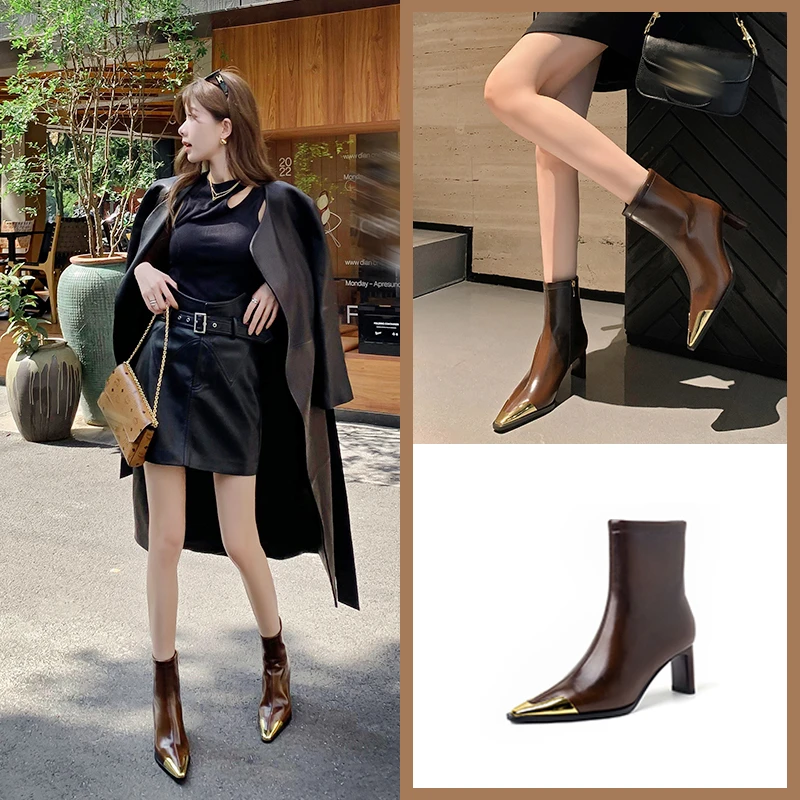 Van Gerch【 跟高6cm】秋冬金属高跟尖头时尚百搭英伦风女士短靴