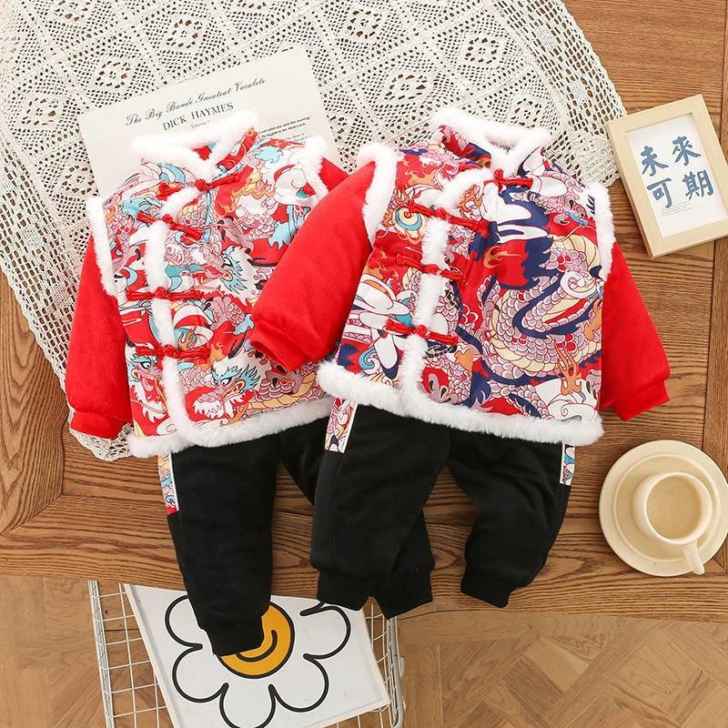 套装新款冬季过年喜庆拜年服国潮风男女加绒宝宝周岁加厚儿童唐装