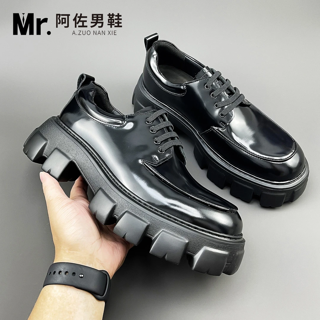 8702欧洲站高档系带厚底男士休闲皮鞋真皮英伦潮流百搭厚底男鞋