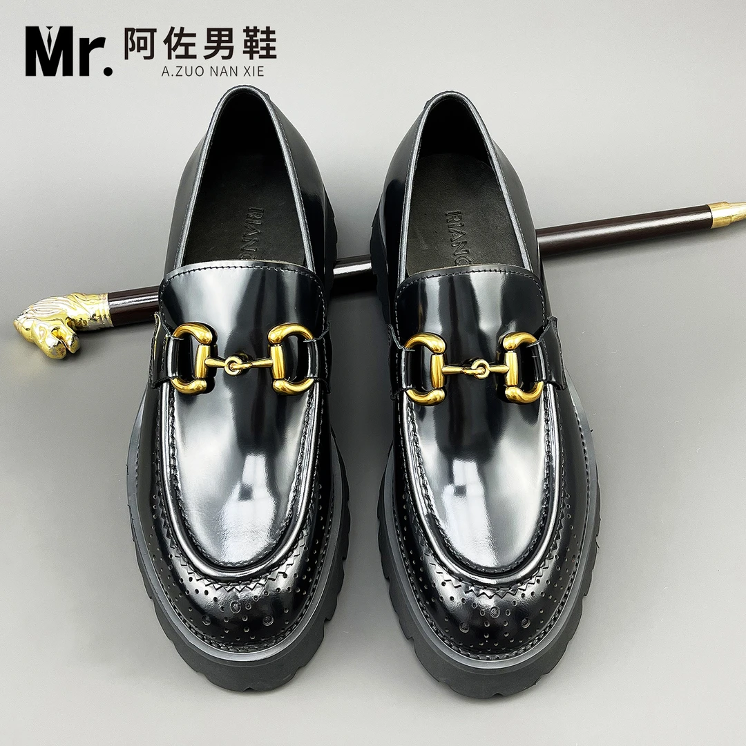 38690秋冬新款高档商务男士休闲皮鞋真皮英伦百搭厚底乐福鞋男