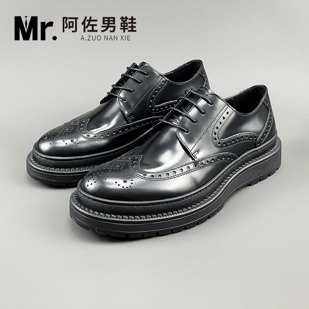 388-202新款布洛克高档商务男士休闲皮鞋真皮百搭厚底系带德比鞋