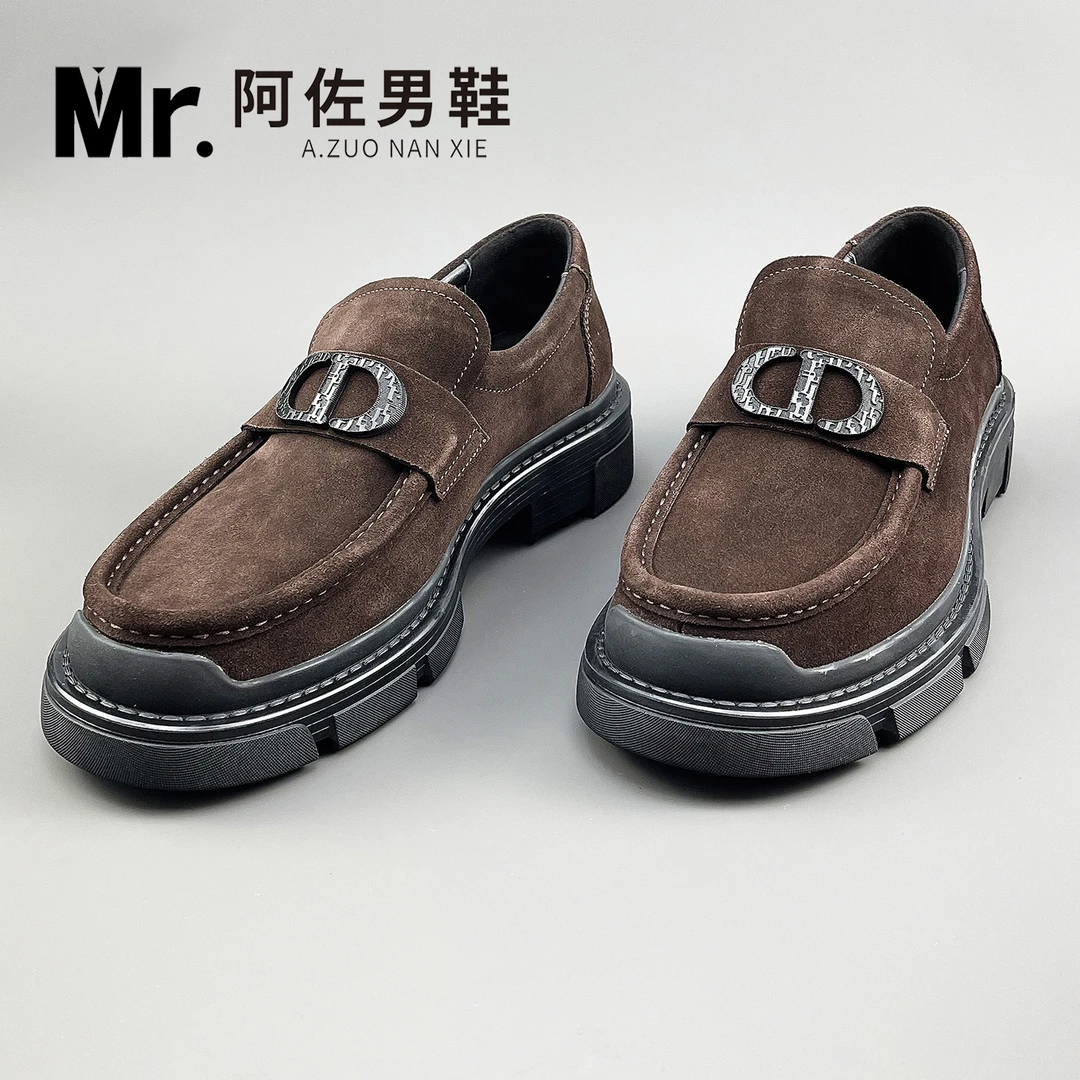 050213秋冬新款高档磨砂皮商务男士休闲皮鞋真皮百搭厚底乐福鞋男