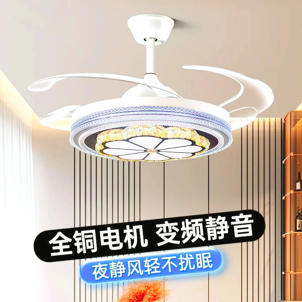 K9新款高端水晶隐形吊风扇灯小客厅主卧餐厅灯智能离线语音省