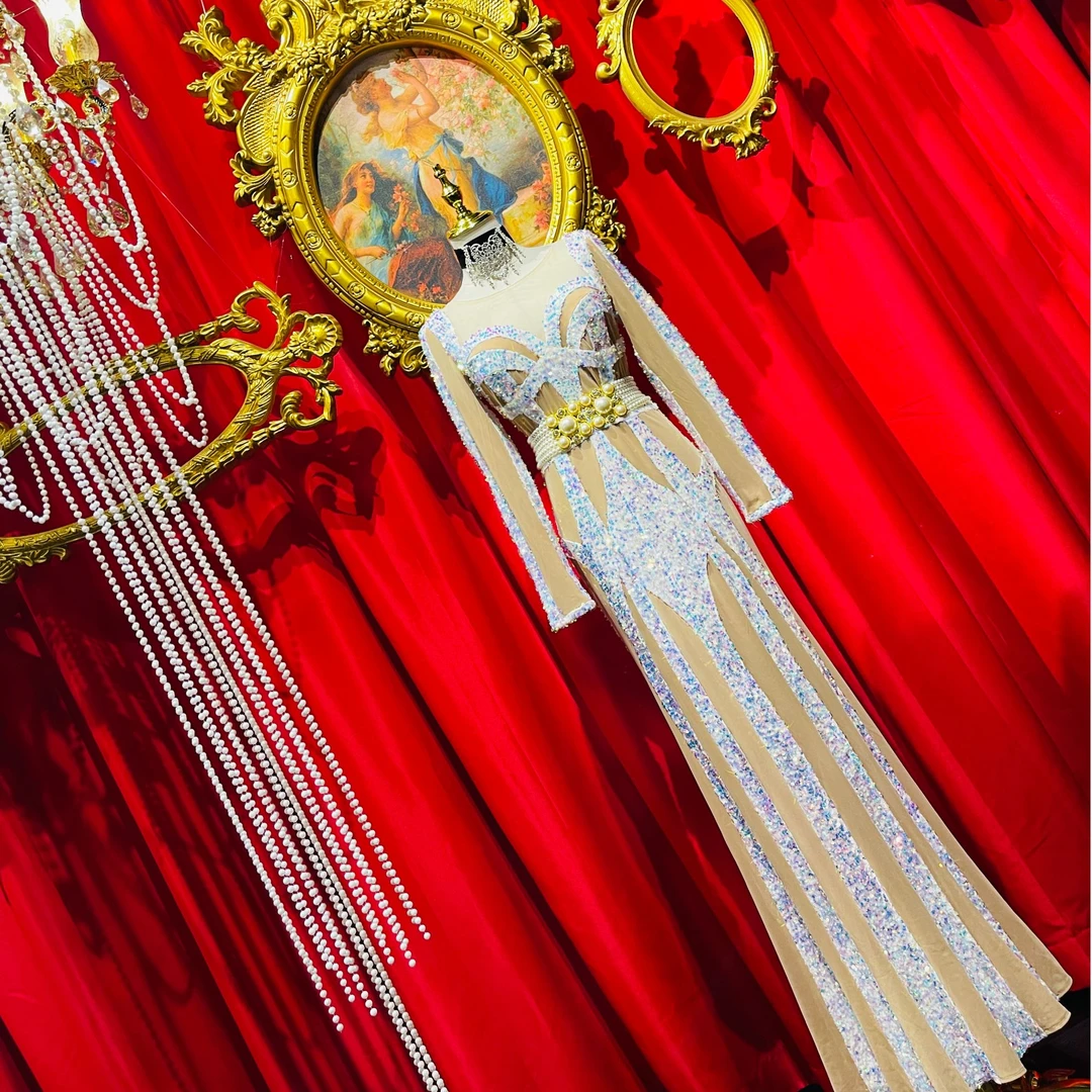 聚会战袍璀璨夺目七彩闪片大鱼尾裙摆连衣裙