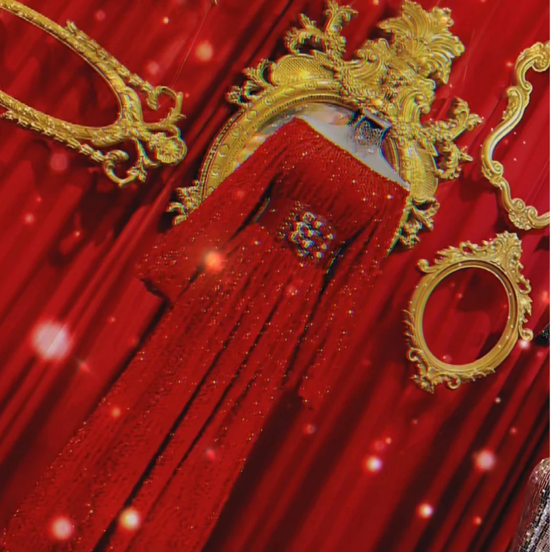 女神红一字肩闪片大裙摆小众品味连衣裙