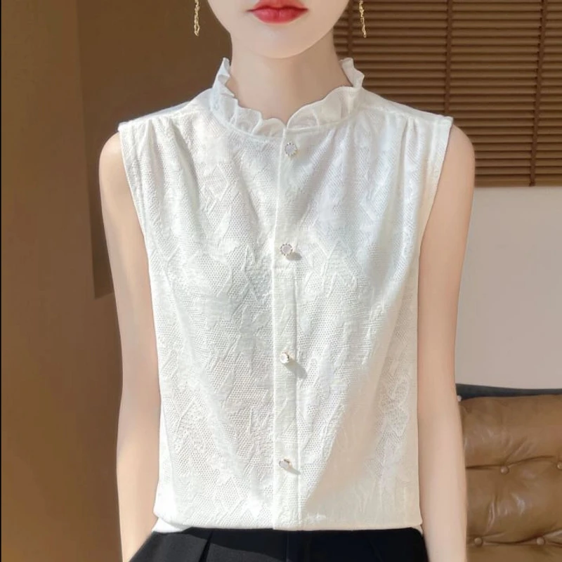 法式赫本风木耳花边无袖打底暗纹提花珍珠扣秋冬百搭内搭女花苞领