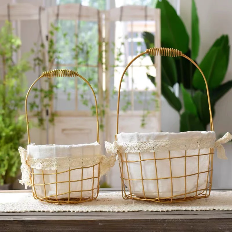短视频ins花篮铁艺手提金属藤编花盆 水果篮野餐篮子编织插花摆件