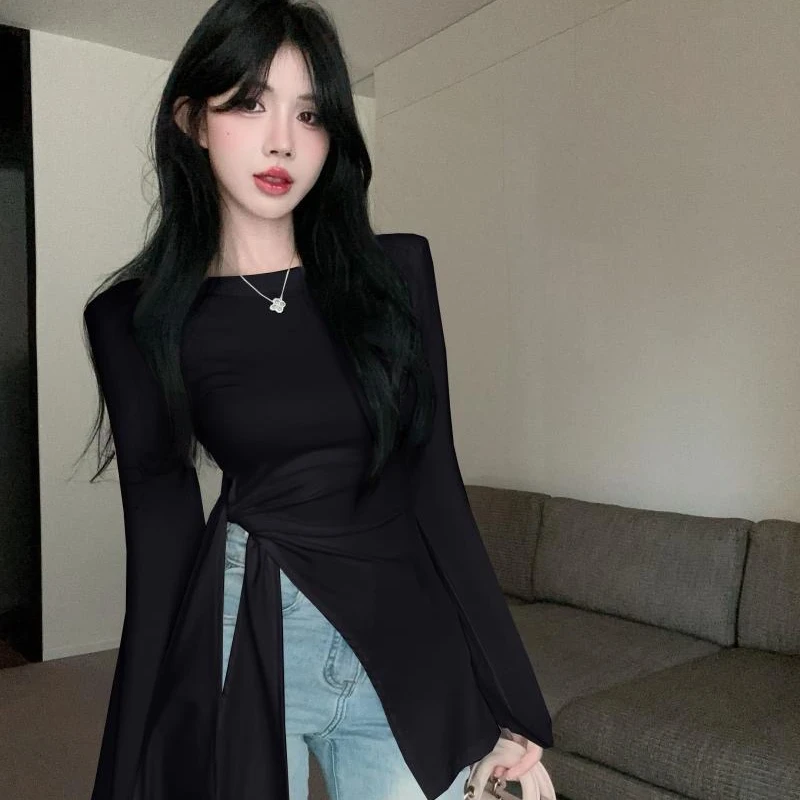 早秋新款法式甜辣不规则绑带长袖T恤女时尚洋气修身显瘦开叉上衣