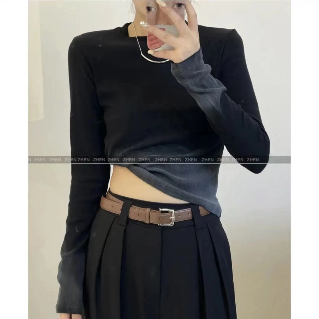 扎染渐变螺纹打底衫女装秋季新款韩版设计感修身显瘦长袖T恤上衣