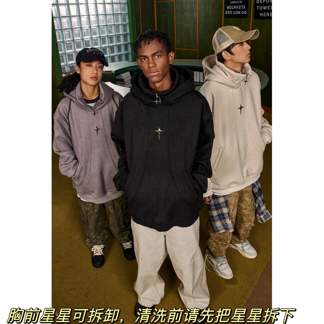 COURSEMYS520克不加绒重磅潮牌金属连帽卫衣街头高领外套