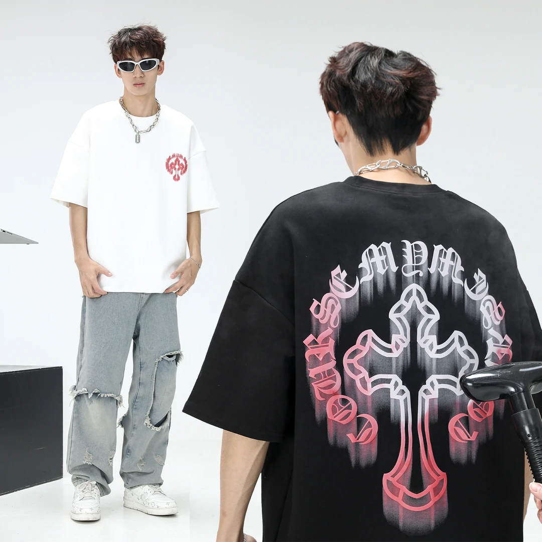 聪明陈 320克冰川棉暗黑温变字母短袖T恤夏季痞帅上衣男