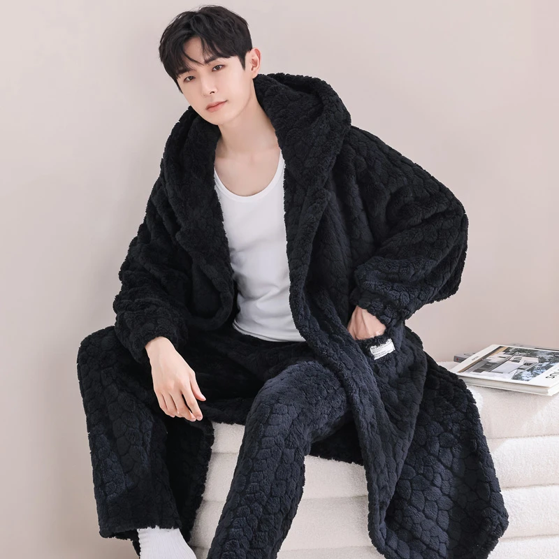 男长款可爱家居服珊瑚绒浴套睡袍女款秋冬季加厚加绒情侣睡衣睡衣