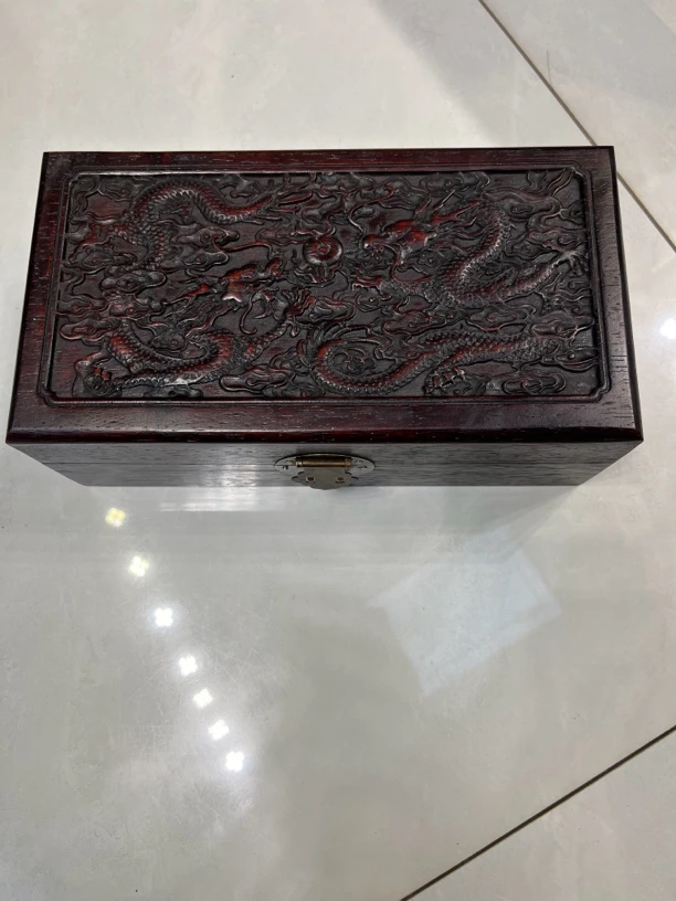 老物件老紫檀雕刻双龙首饰盒收纳盒，28*15*10
