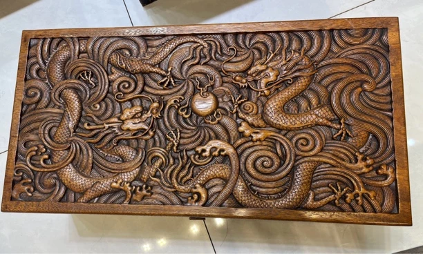 老物件花梨木雕刻，四面精工雕刻龙箱，65公分