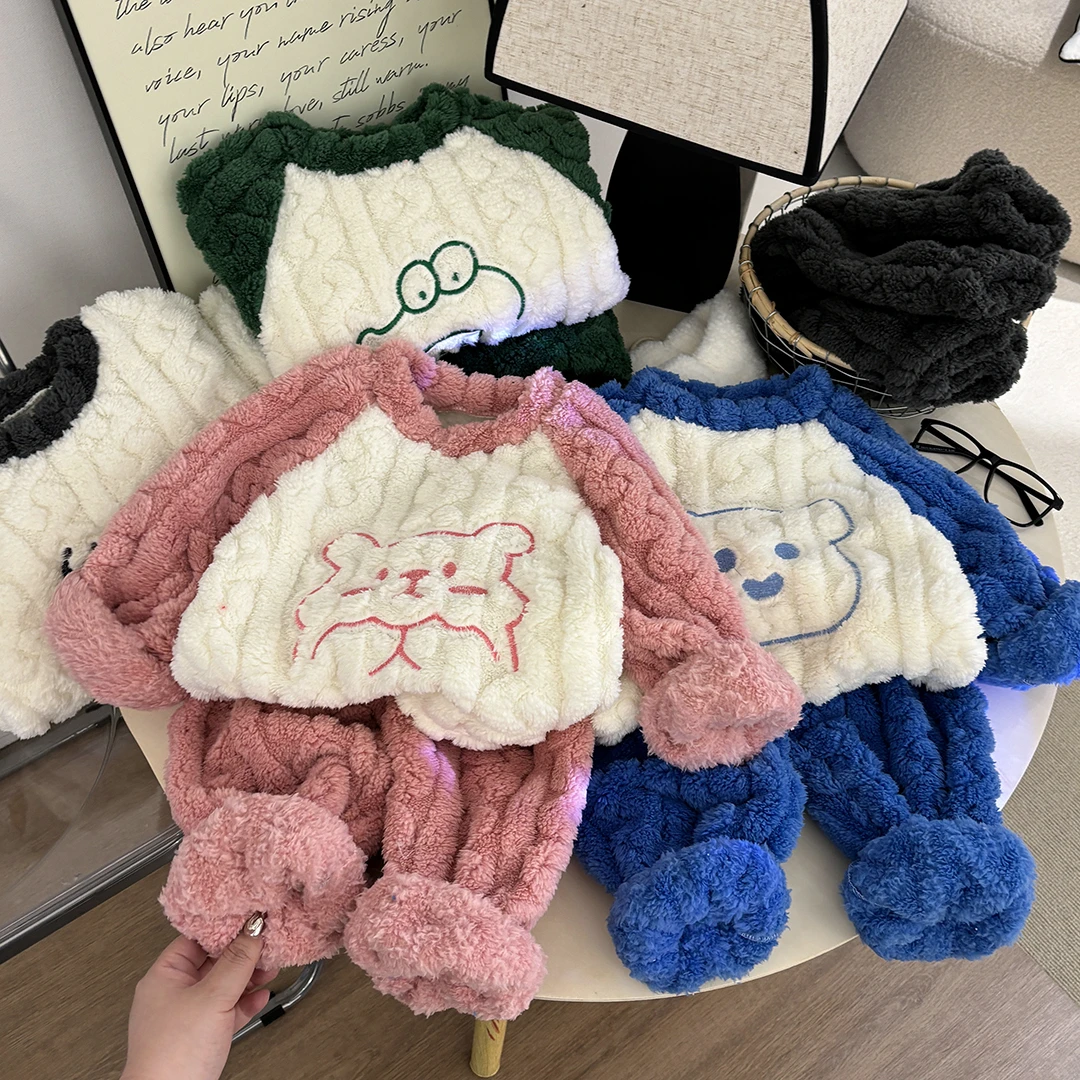 儿童家居服男女宝加绒加厚刺绣卡通睡衣两件套冬季撞色套装1-15岁