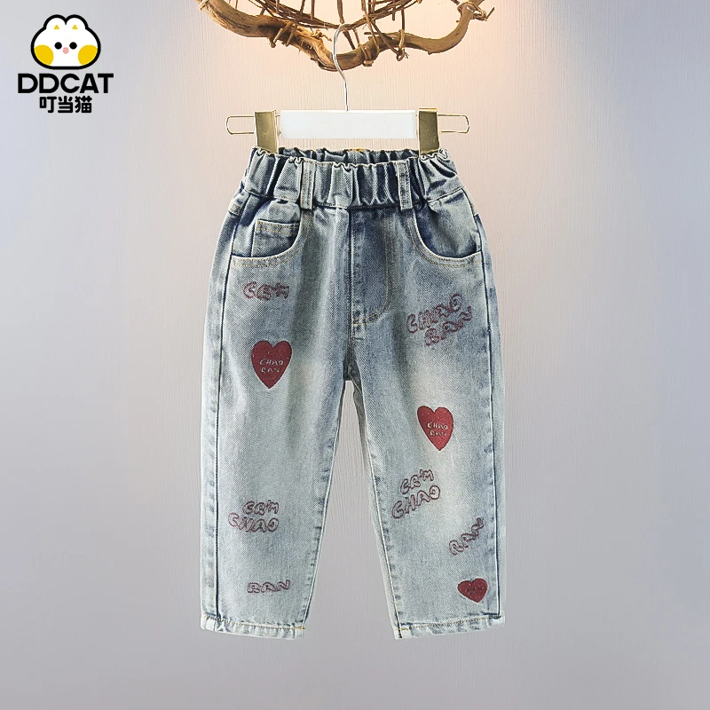 叮当猫女童牛仔裤春秋外穿洋气女孩小童女宝宝裤子儿童老爹裤秋装