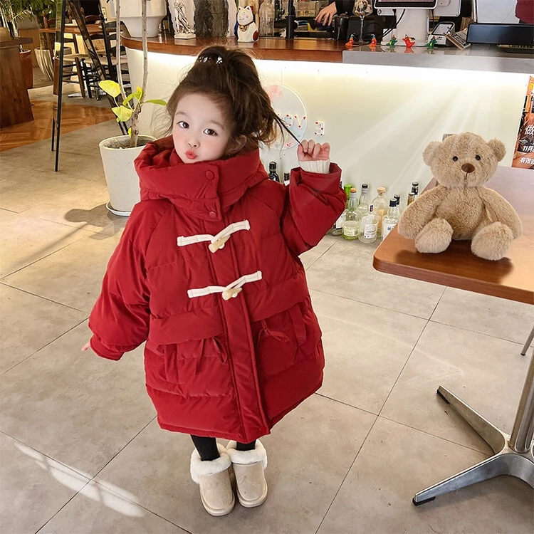【热卖款】女童洋气红色加厚韩版牛角扣连帽保暖新年服冬季秋冬款
