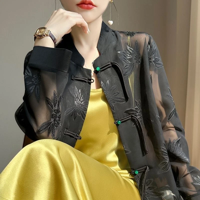 （枫叶）2025新款衬衫女夏复古风提花防晒衣新中式盘扣长袖外套上衣