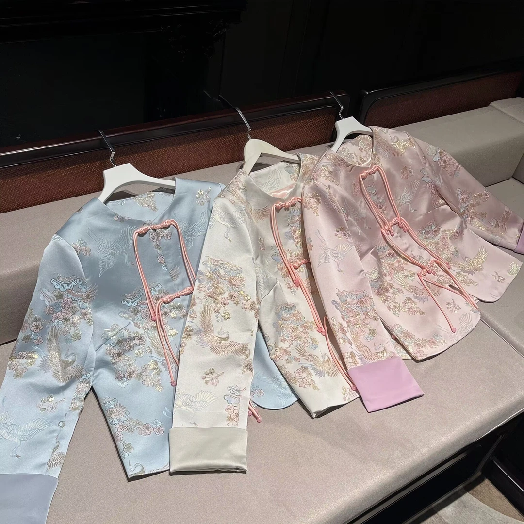 （仙鹤梅花）中式女装时尚上衣圆领刺绣中国风盘扣提花古风复古宽松