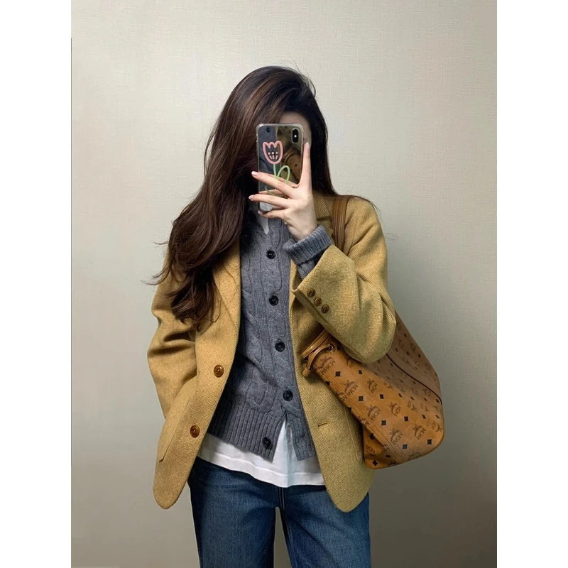 网红洋气炸街复古高级感外套女时尚开衫高腰牛仔裤气质外套三件套