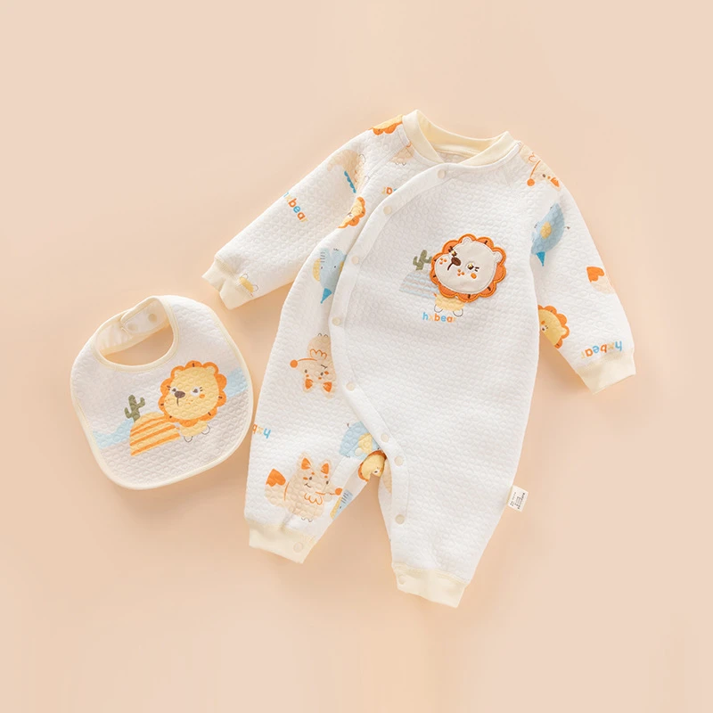 秋冬新生婴幼儿纯棉无骨连体衣三层保暖加厚夹丝连体衣哈衣爬服