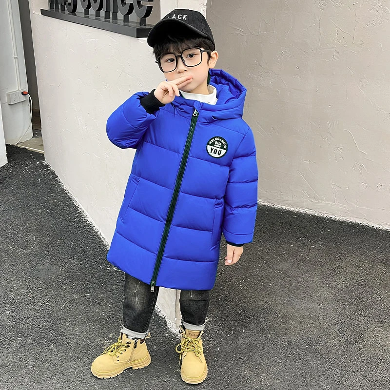 儿童羽绒服男款中长款男宝宝加厚2024新款洋气纯色连帽冬季装外套