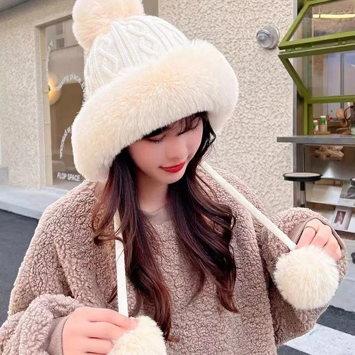 针织加绒毛线帽甜美可爱秋冬新款护耳保暖帽毛绒加厚防风冬天防寒