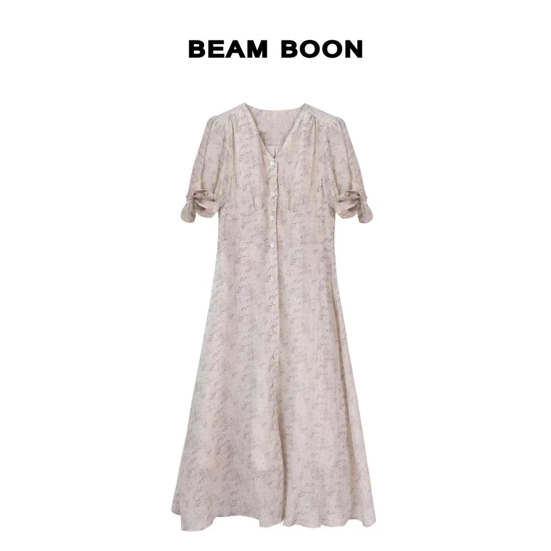 Beam Boon |【西西里漫花】复古法式肌理感垂坠莱赛尔v领碎花连衣裙