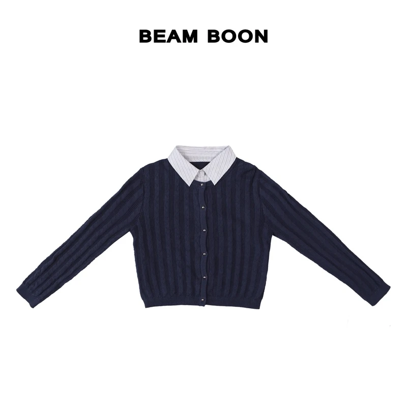 Beam Boon | “伦敦学姐” 气质衬衫领拼接假两件针织开衫毛衣