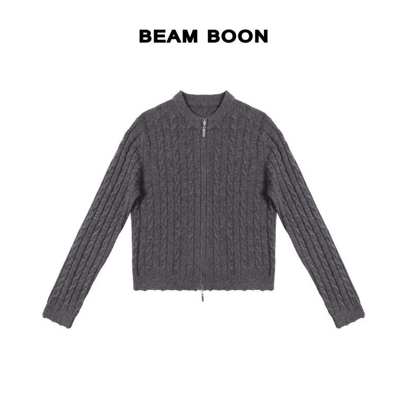 Beam Boon|【秋雅开衫】进口澳洲高支绒羊毛麻花肌理双拉链针织开衫