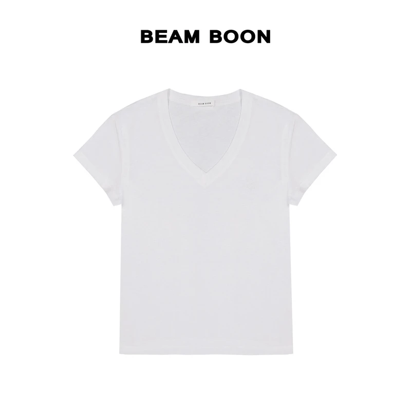 Beam Boon|【蝴蝶T】进口麻纤维水滴领微宽松修身显瘦刺绣短袖T恤