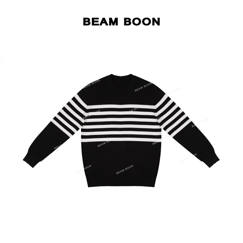 Beam Boon|【伯爵先生】男士软糯婴肤感高密黑白条纹提花针织毛衣