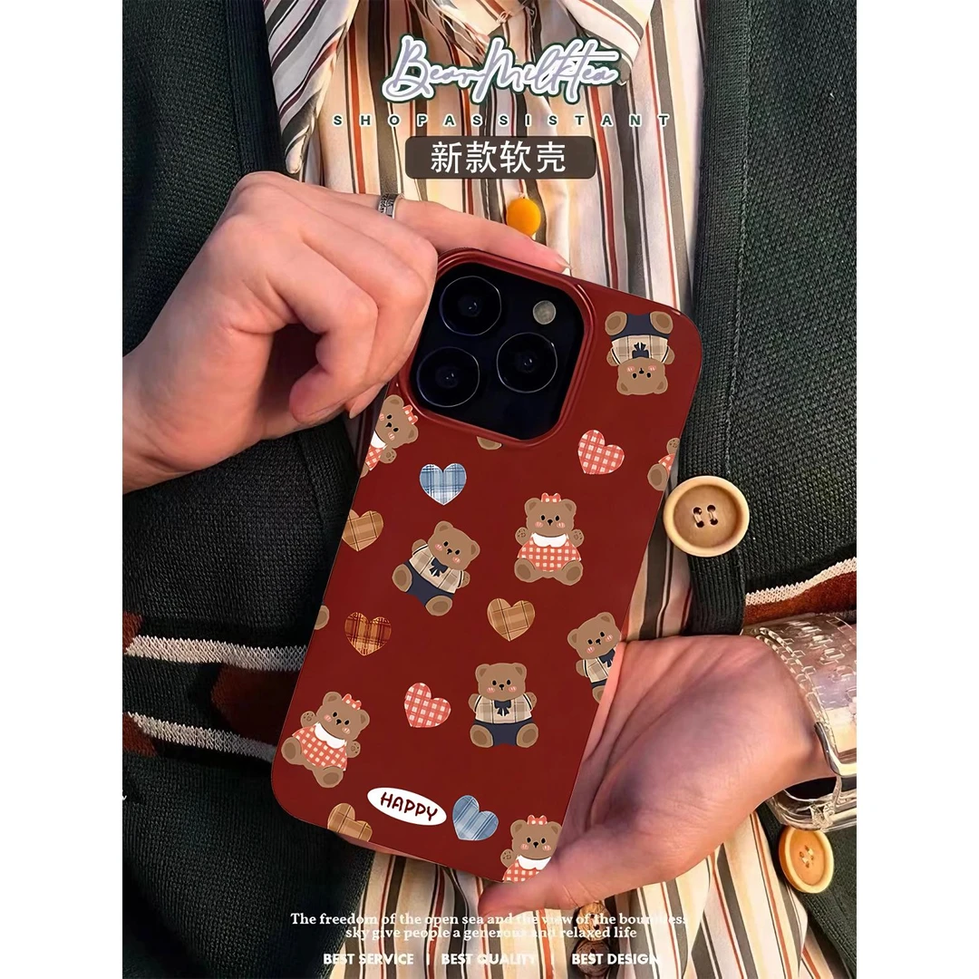 满屏红色小熊苹果15手机壳iPhone14promax卡通13/11小众12女款xr