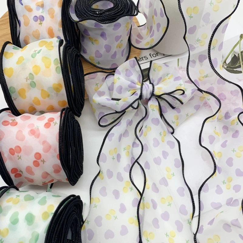 樱桃小爱心印花拷边纱带手工diy儿童发饰蝴蝶结丝带鲜花蛋糕绑带