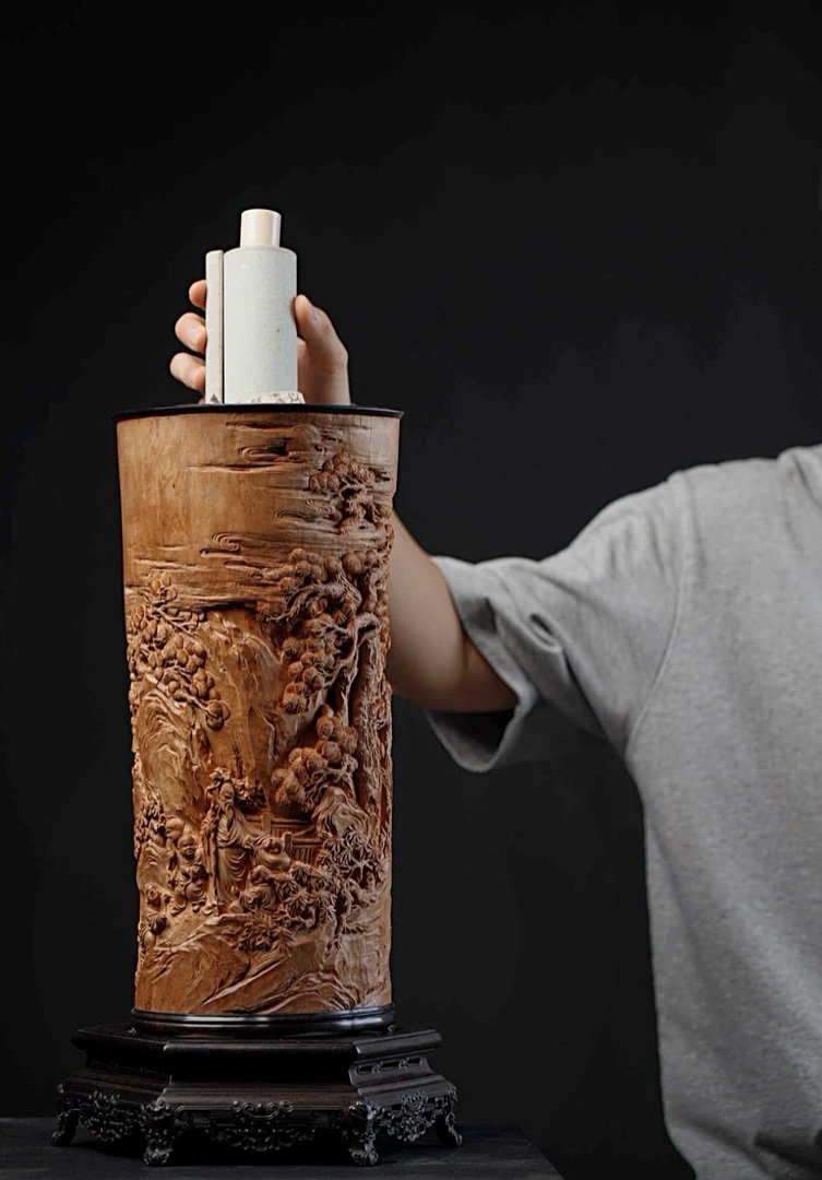 淳化老料，老山檀香，实木雕刻五子献寿老幼同春大画筒